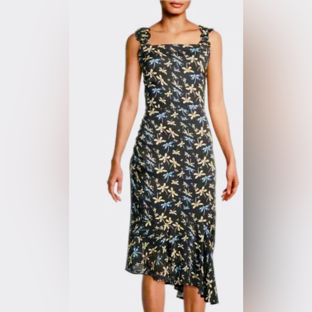 Sam Edelman Sleeveless Smocked Shoulders Asymmetric Ruched Dragonfly Dress
